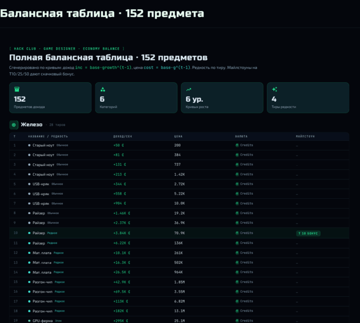 Полная балансная таблица на 152 предмета, сгенерированная кривыми