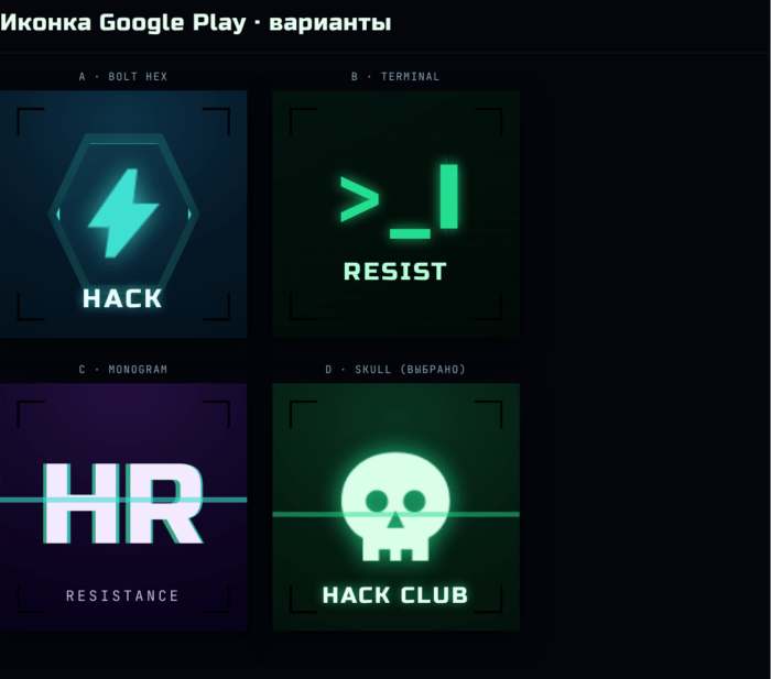 Четыре типажа иконки со страницы «Релиз»: bolt hex, терминал, монограмма, череп