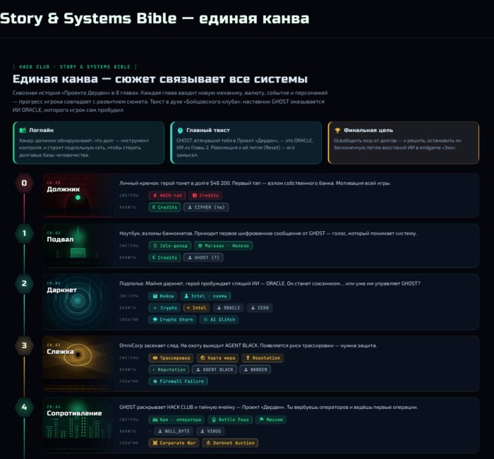 Story & Systems Bible — единая канва: сюжет связывает все системы игры