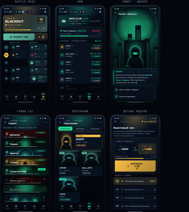 Экраны сюжета из UI-кита: Battle Pass, крю, главы истории, персонажи, диалоги