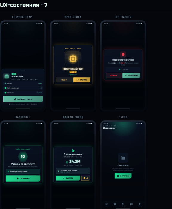 UX-состояния из UI-кита: локация под SIP-замком, дроп кейса, нет валюты, майлстоун, офлайн-доход, пустой инвентарь